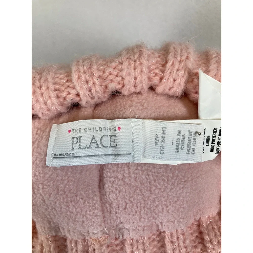 The Childrens Place Beanie Kids S/P 12-24M Pink Cable Knit‎ Faux Fur Pom Sparkle